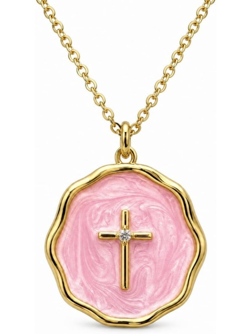 Women's 18K Gold Plated Pink Enamel Cross Necklace Christian Religious Pendant